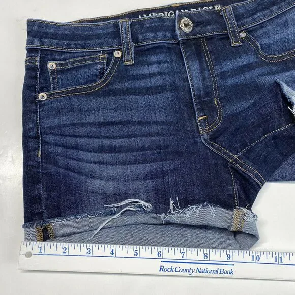 American Eagle Shortie 8 Midrise Super Stretch Denim Shorts Dark Raw Hem EUC - Picture 5 of 10